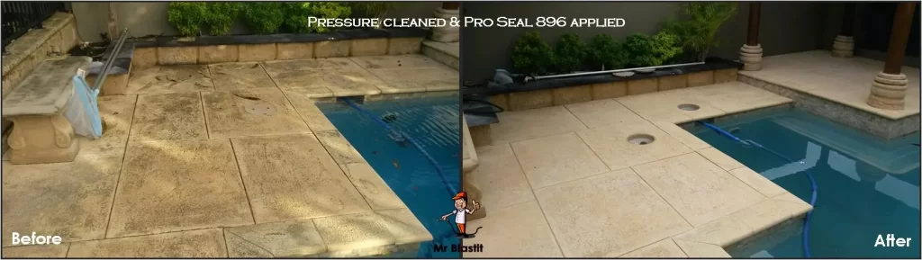 A before and after photo of sandstone pavers around a pool in a Perth residence that have been high pressure cleaned and sealed using WA Sealers Pro Seal 896.