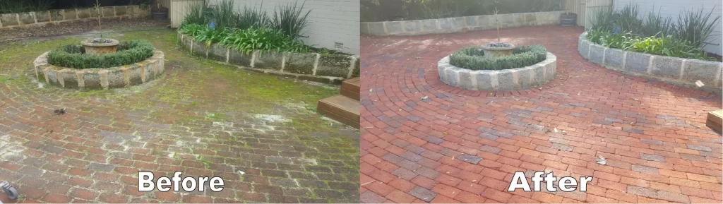 A before and after photo of brick pavers at a perth residence after high pressure cleaning